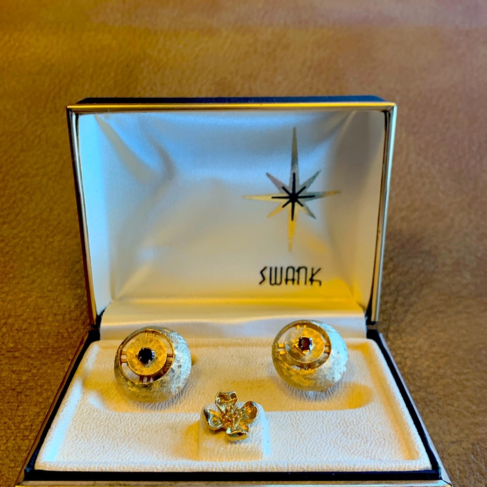 Vintage 1960’s Swank cufflinks and tie tack, gold tone with garnet?